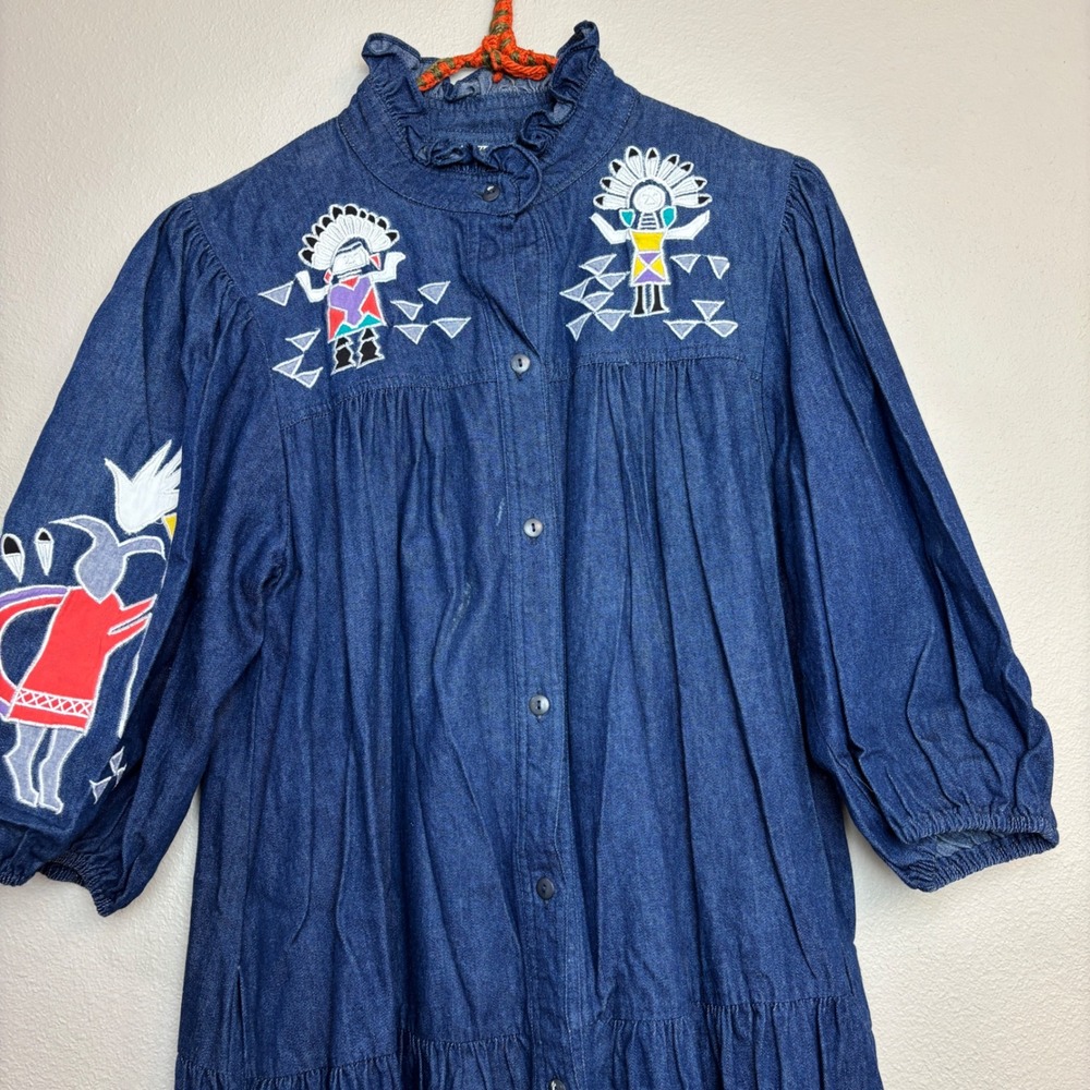 Vintage 90s Denim Maxi Dress Embroidered Kachina Blue Large Prairie Cottage Boho - Picture 2 of 16